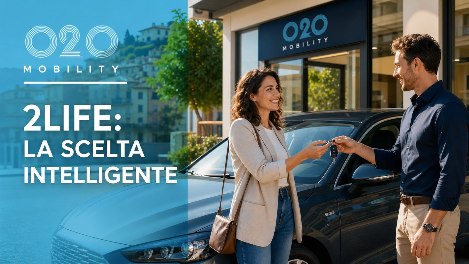 Cliente riceve le chiavi di un'auto 2Life davanti a una sede o2o Mobility