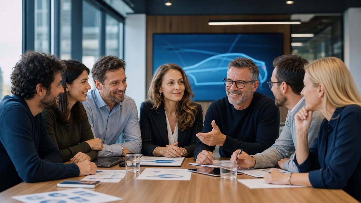 Consulenza automotive e gestione flotte – team o2o Mobility in riunione con veicolo a noleggio con targa estera